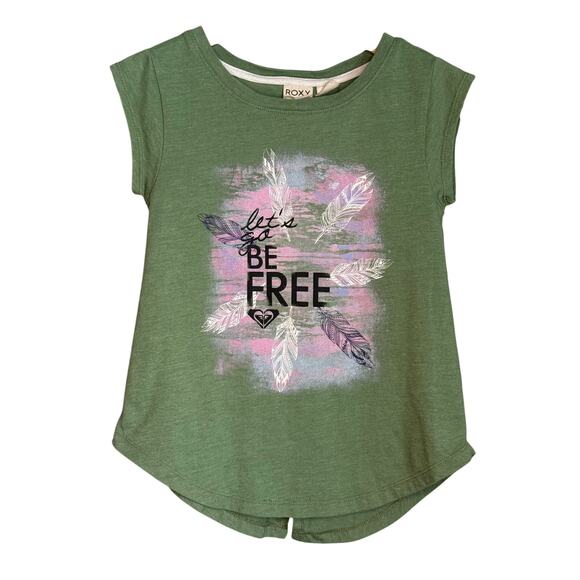 Roxy Girl T-Shirt Size 8 Green Pink Feather “Let’s Be Free” Open Back Tee - Picture 1 of 5